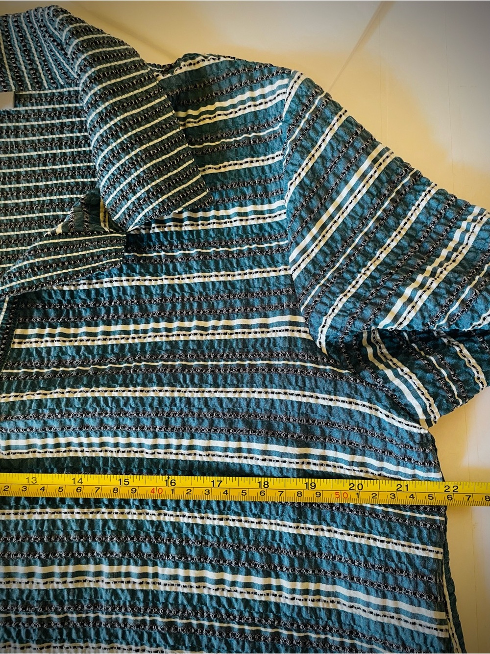 HABITAT Crinkle Gauzy Top Toggle Button Tunic Blouse Green Stripe Unique sz S - Picture 13 of 15